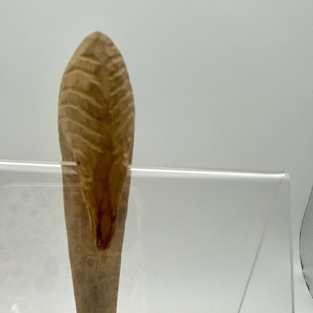 Vintage Primitive Wooden Spoon Hand Carved Detailed Curved Handle For Hanging